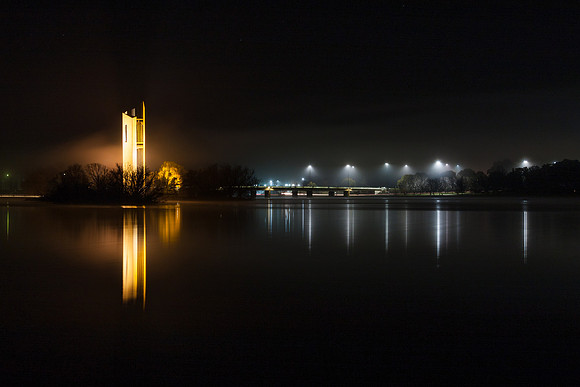 Foggy night, Lake Burley Griffin, Canberra